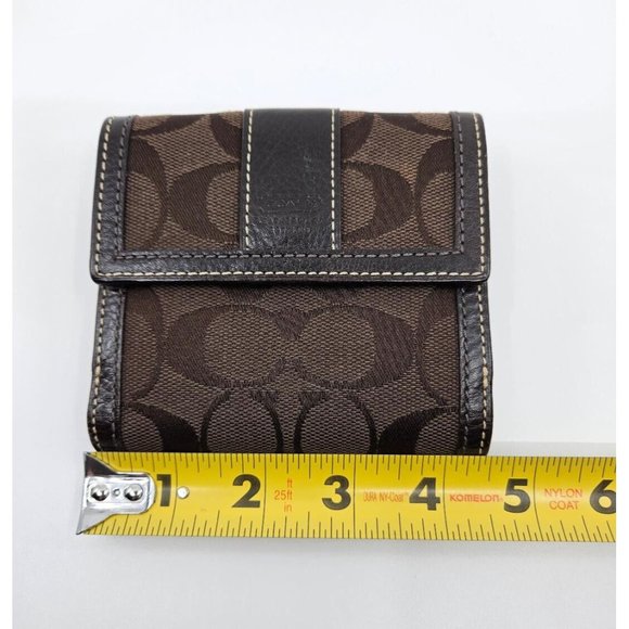Coach Dark Chocolate Brown Signature Canvas Leather Tri-Fold Snap Wallet - Picture 12 of 13